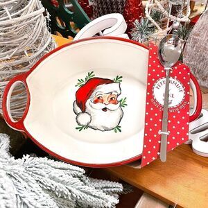 NWT Peppermint & Pine Ceramic White Red Christmas Santa Serve Dish Platter Spoon